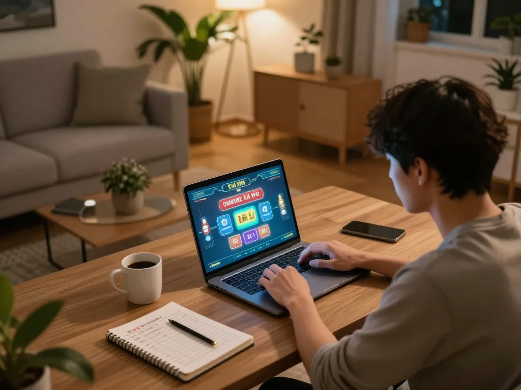 Tài xỉu online gaming session at home with a user focused on their laptop, showcasing strategic gameplay.