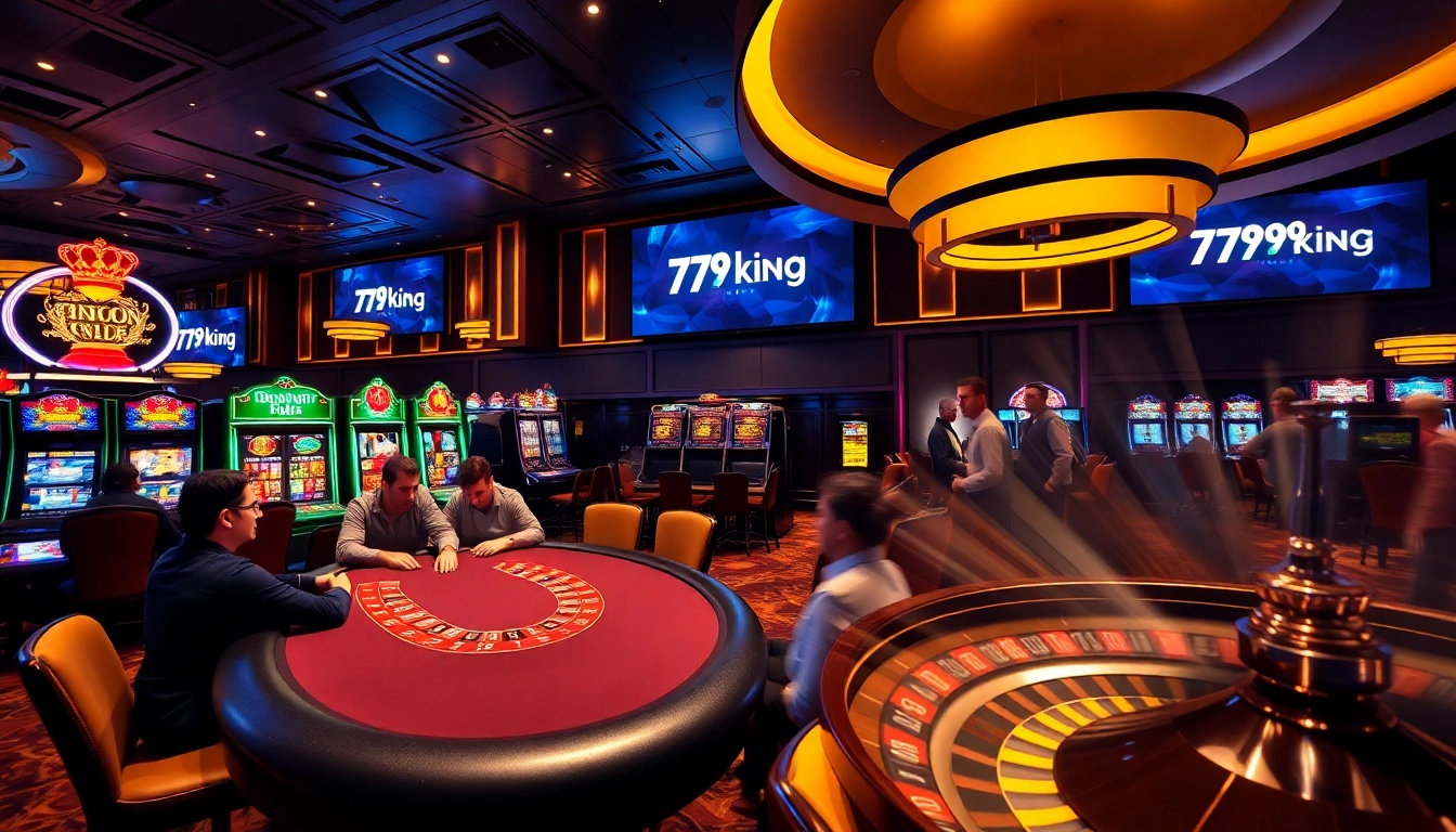 79king players engaging at a vibrant casino table with dynamic slot machines.