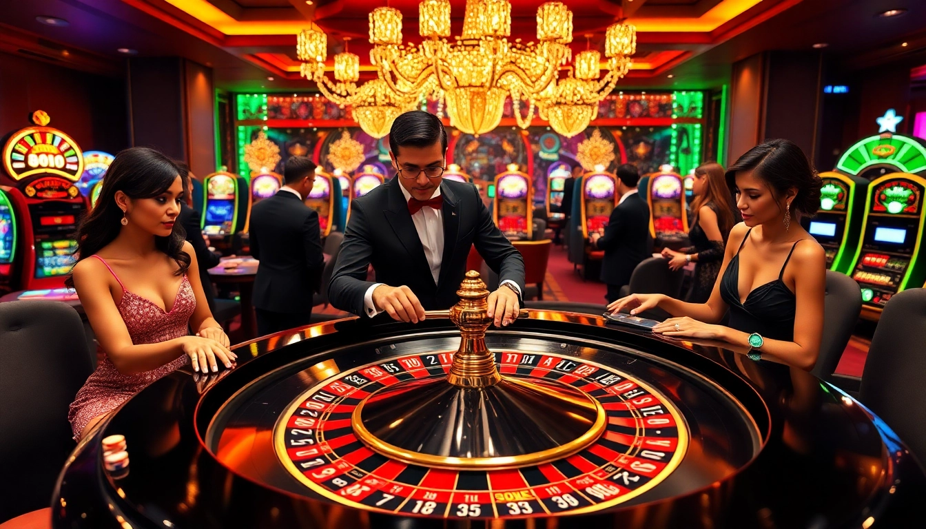 Experience the thrill of 8DAY casino games with vibrant roulette and glamorous players.