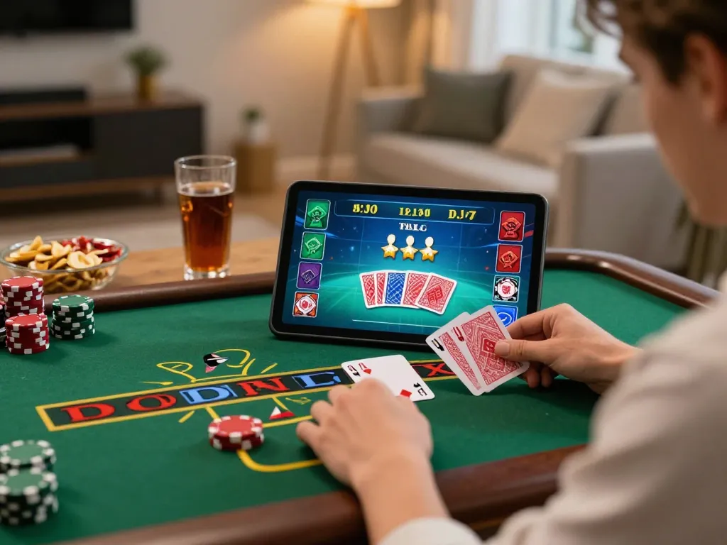 Bj88 player engaging in live dealer blackjack on a tablet in a cozy home setting