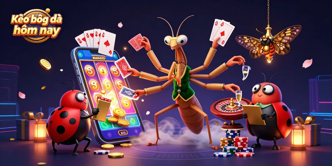 Kèo bóng đá hôm nay showcases an energetic casino scene with multiple characters and vibrant game elements.