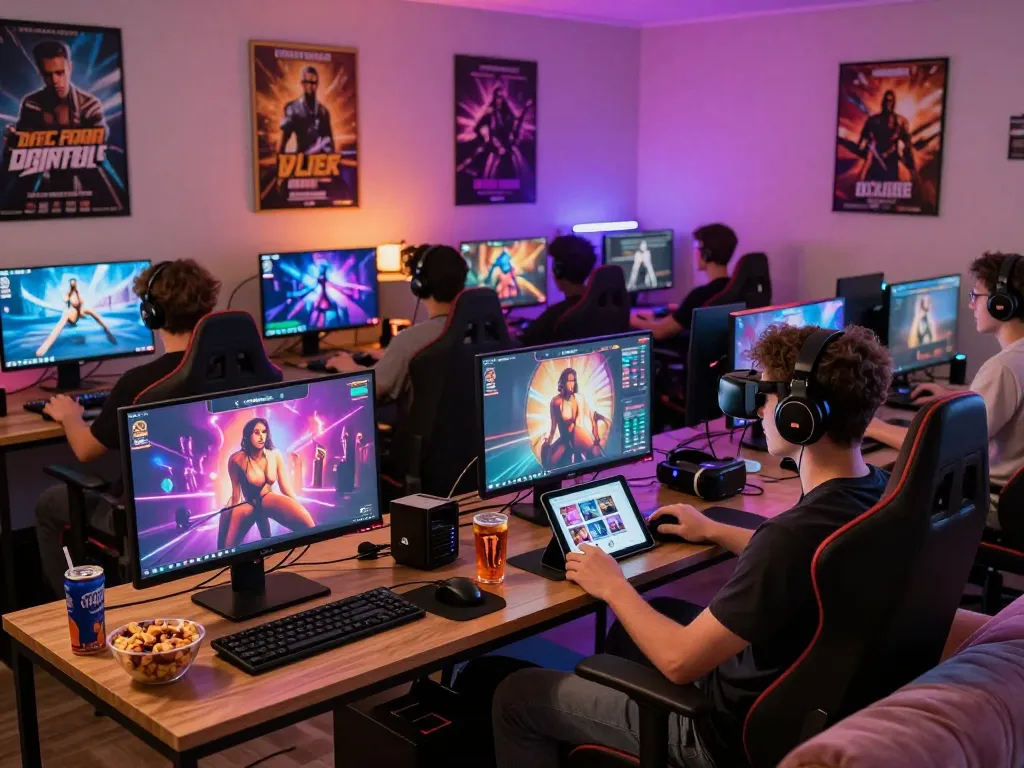 Engaging gamers playing interactive porn games in vibrant lounge.
