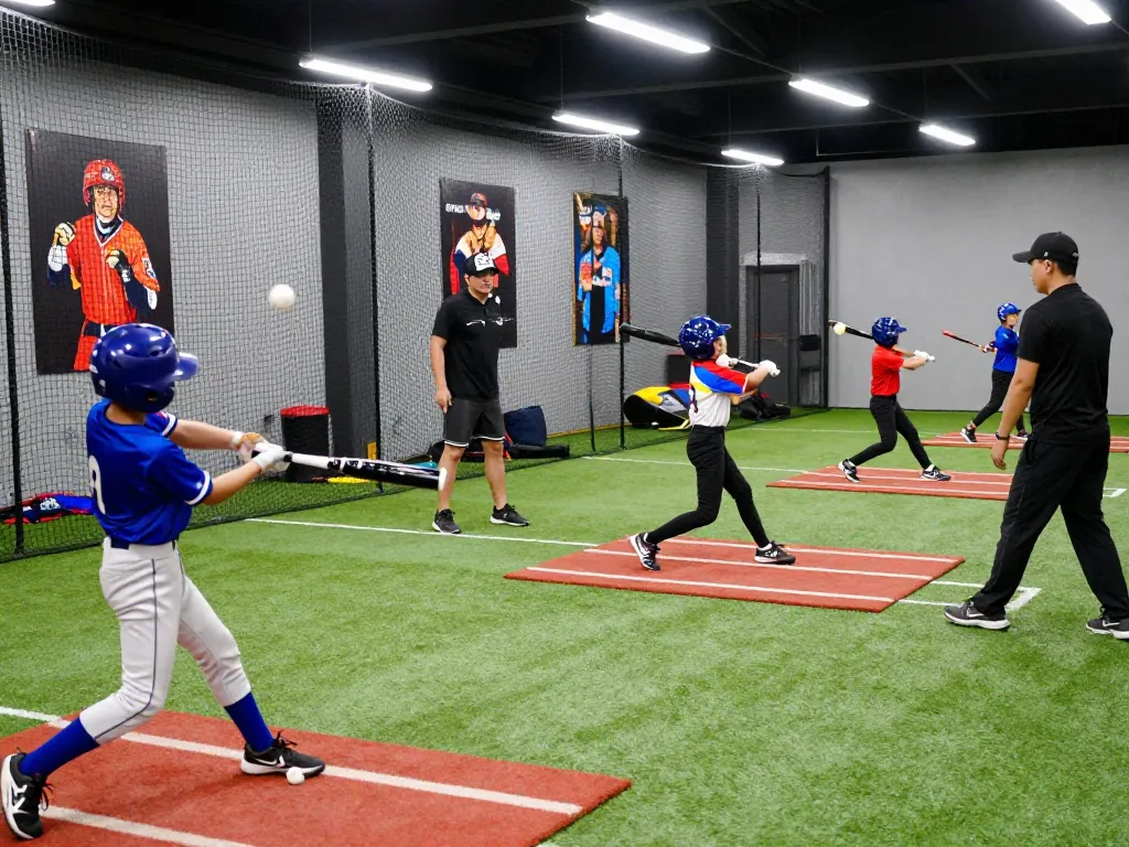 Youth athletes training in batting cages at the hitclub with coaches offering guidance.