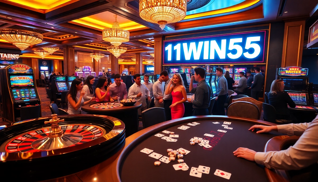 A group of gamblers at casino tables, celebrating wins with 11WIN55 prominently displayed in the background.
