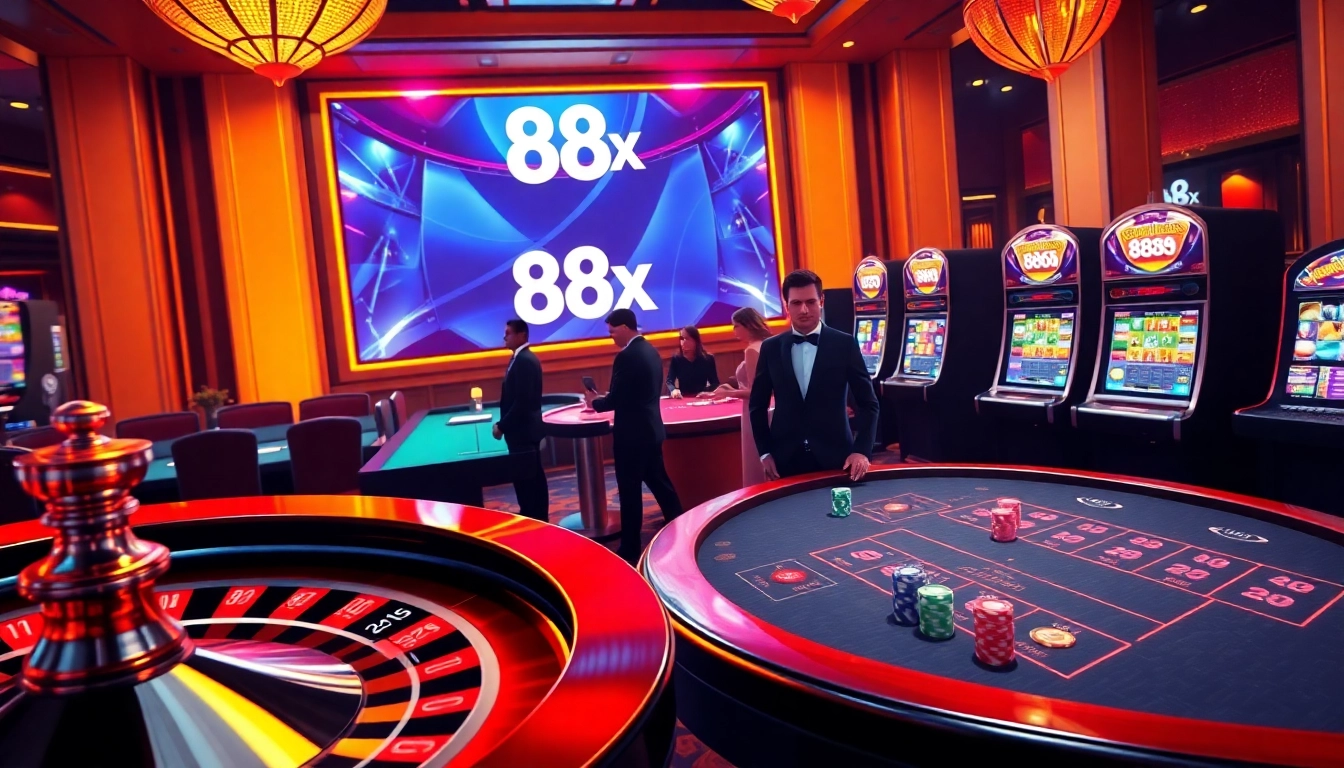 Gambler playing at a vibrant 88xx online casino with exciting slot machines and a roulette wheel.