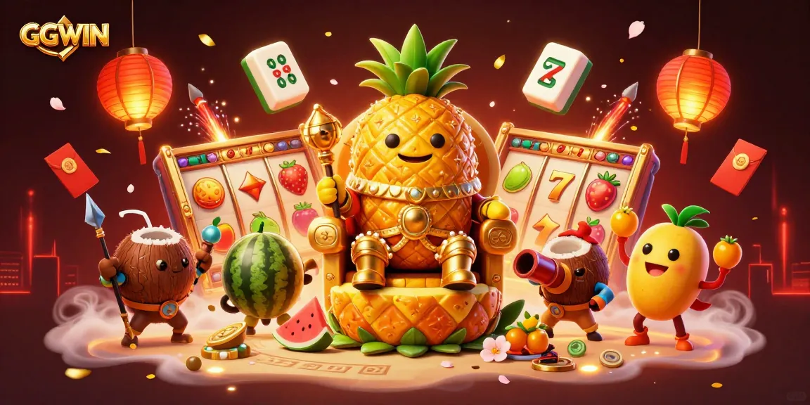 GGWIN features a vibrant casino scene with a pineapple king and dynamic game elements.
