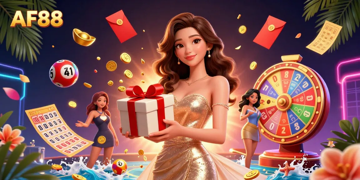 Engage with AF88 in a vibrant casino theme, featuring a stylish Asian woman surrounded by festive elements.