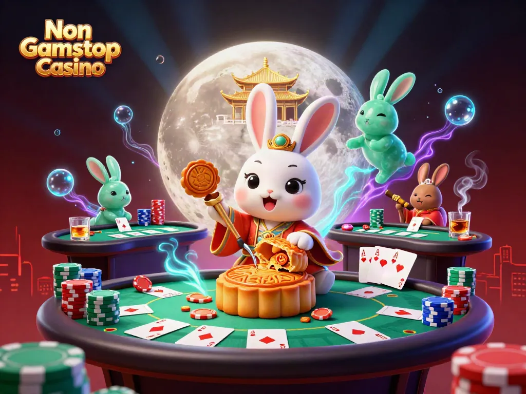 Exciting scene from a Non Gamstop Casino with a moon rabbit and poker elements.