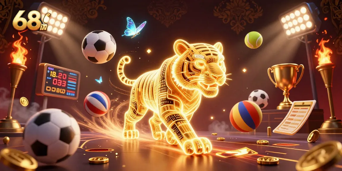 Experience thrilling gameplay with 68WIN's golden tiger in a vibrant digital casino scene.