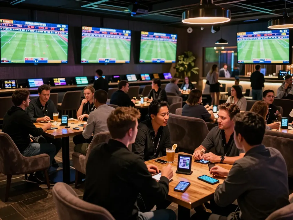 Engaged bettors analyzing odds at keonhacaii88 sports betting lounge, modern atmosphere with excitement.