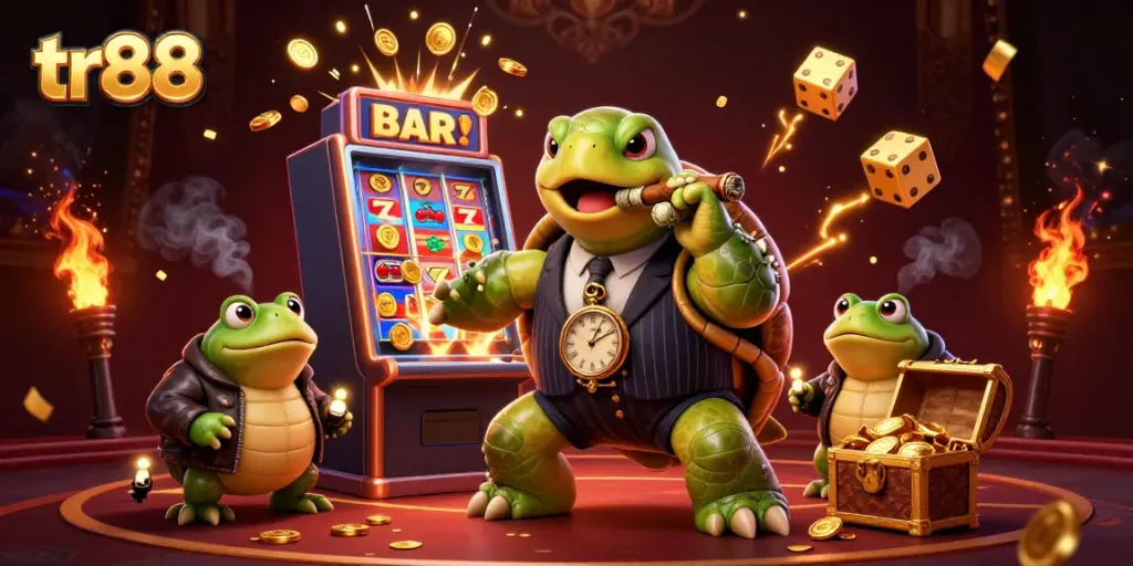 Engage in vibrant casino action with tr88, showcasing a turtle mobster and frog enforcers amidst a jubilant jackpot explosion.