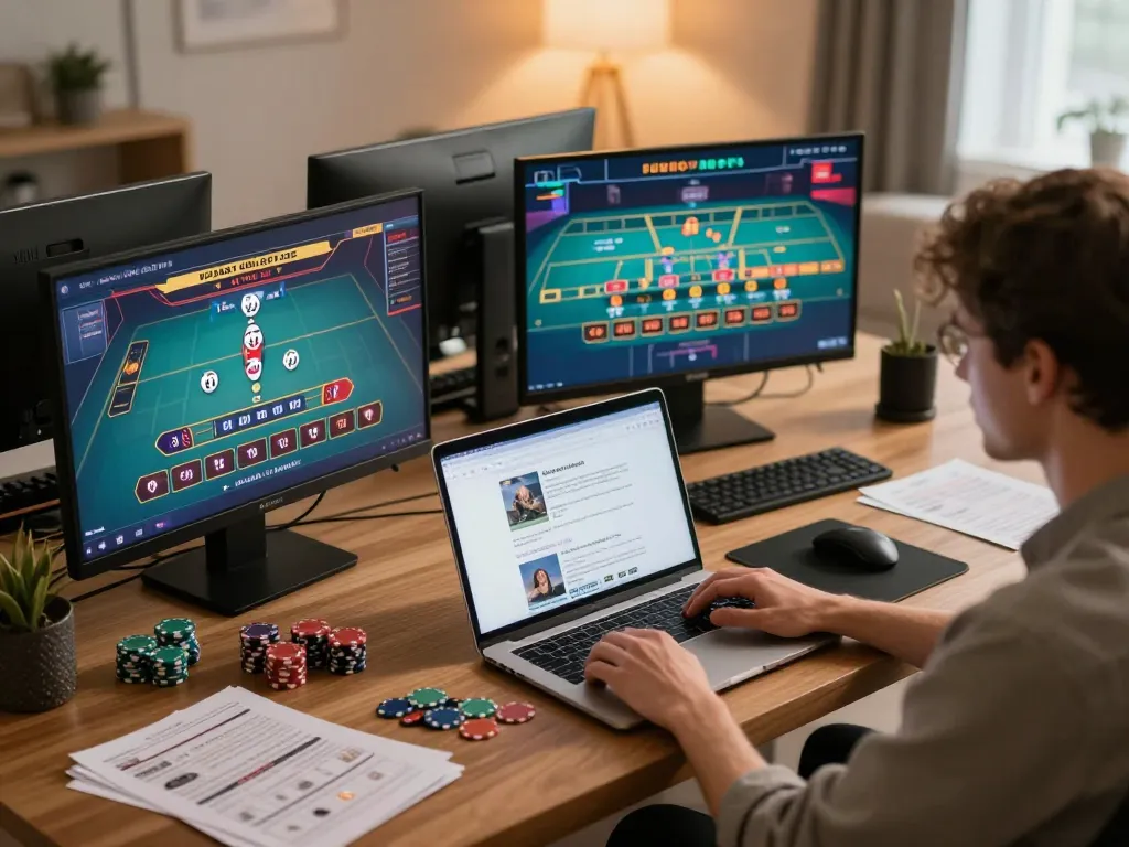 Engaging user at home using online gaming setup with sun win casino games visible on screens