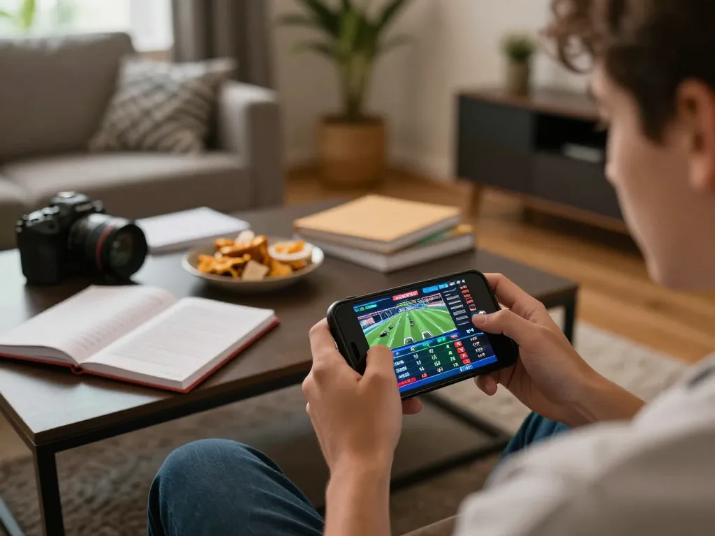 Engaging in live sports betting on okfun through a smartphone in a cozy home setting.