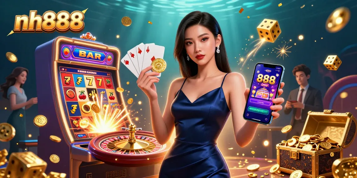 Experience the thrill of winning with nh888; stunning casino app illustration featuring a confident Asian woman.
