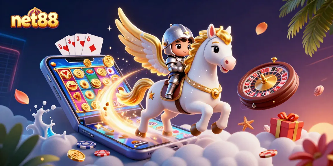 Experience thrilling gameplay with net88 as a celestial horse and knight explore vibrant casino games.