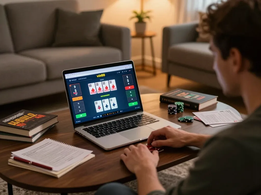 Player engaging with vb88 link vào while enjoying a strategic home poker session.