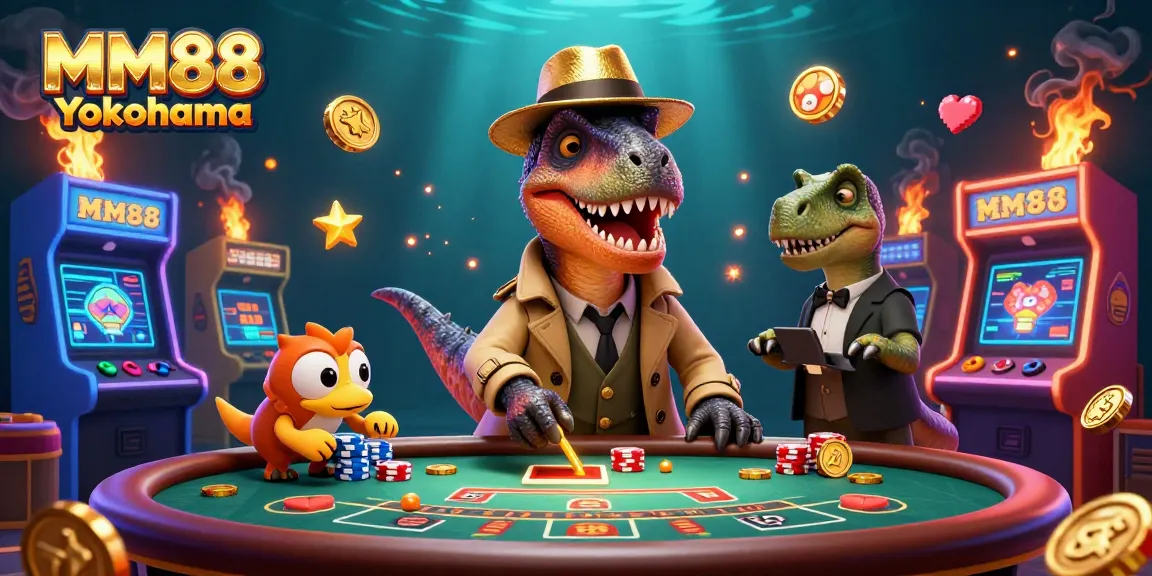 Betting innovatively in MM88 Yokohama with a velociraptor card counter and casino characters.