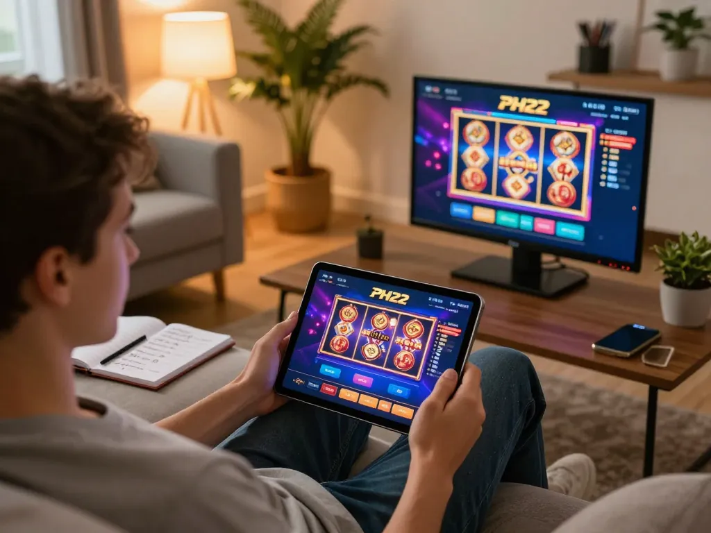 PH22 online casino app displayed on tablet during cozy home gaming session
