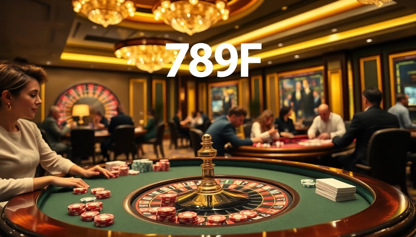 Players enjoying high-stakes games at 789F casino, showcasing cards and chips.