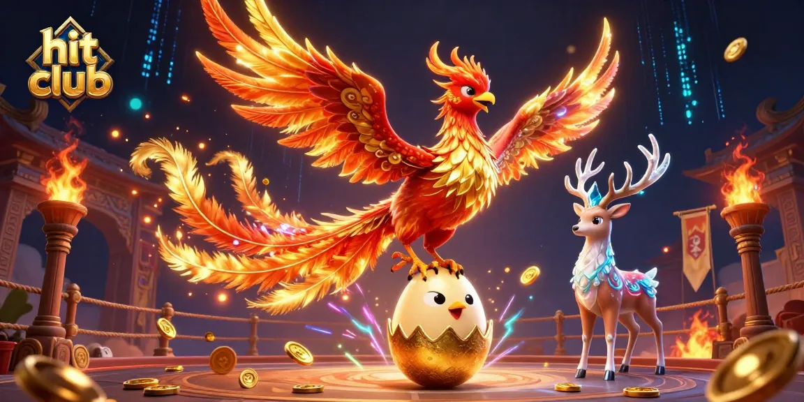 Experience the excitement of hit club as a blazing phoenix emerges from a golden egg in this vibrant casino illustration.