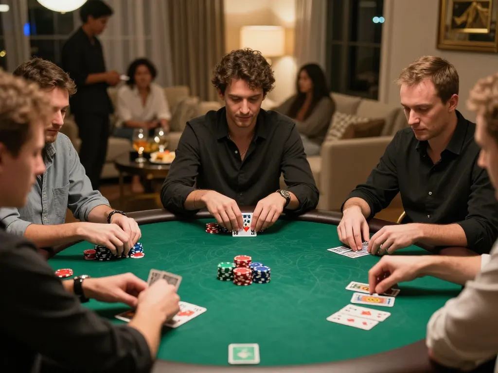 C168 poker players strategizing at a vibrant game night table with colorful chips.