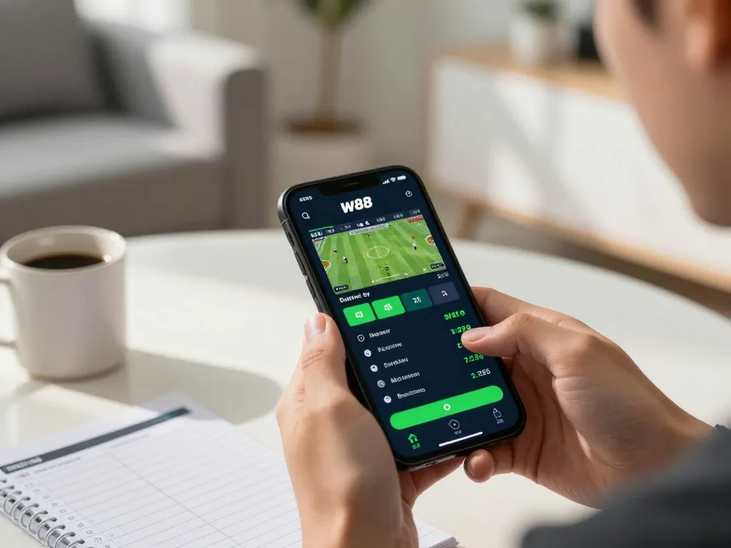 Placing real-time bets on W88 app with smartphone at home in engaging online gambling experience.