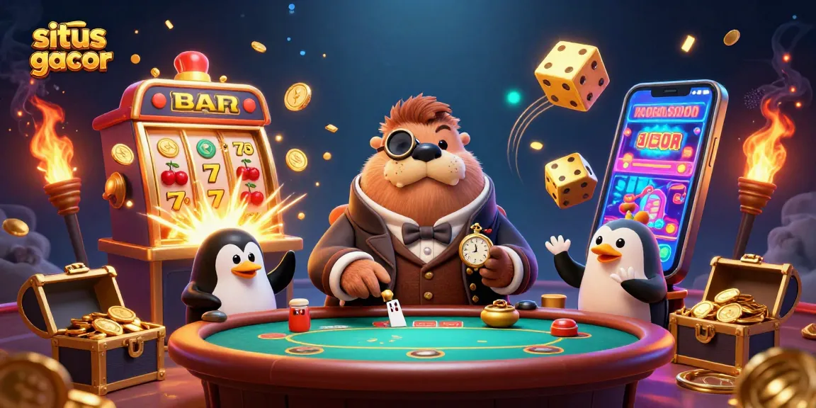 Engaging scene of situs slot gacor with a walrus, penguin dealer, and pufferfish enjoying a casino environment.