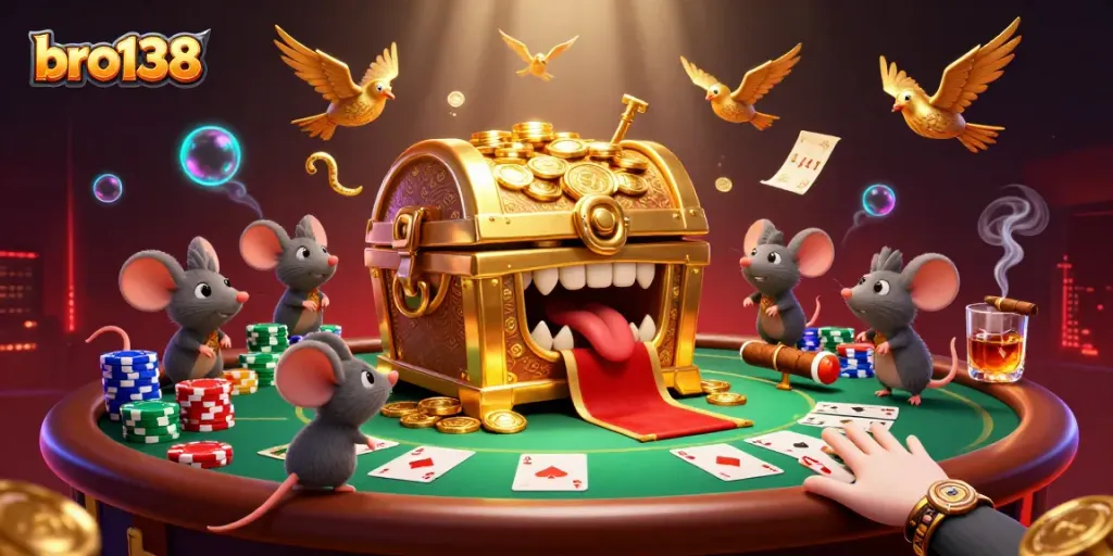 Engage with bro138 as adventurer mice approach a treasure chest in a vibrant casino scene.