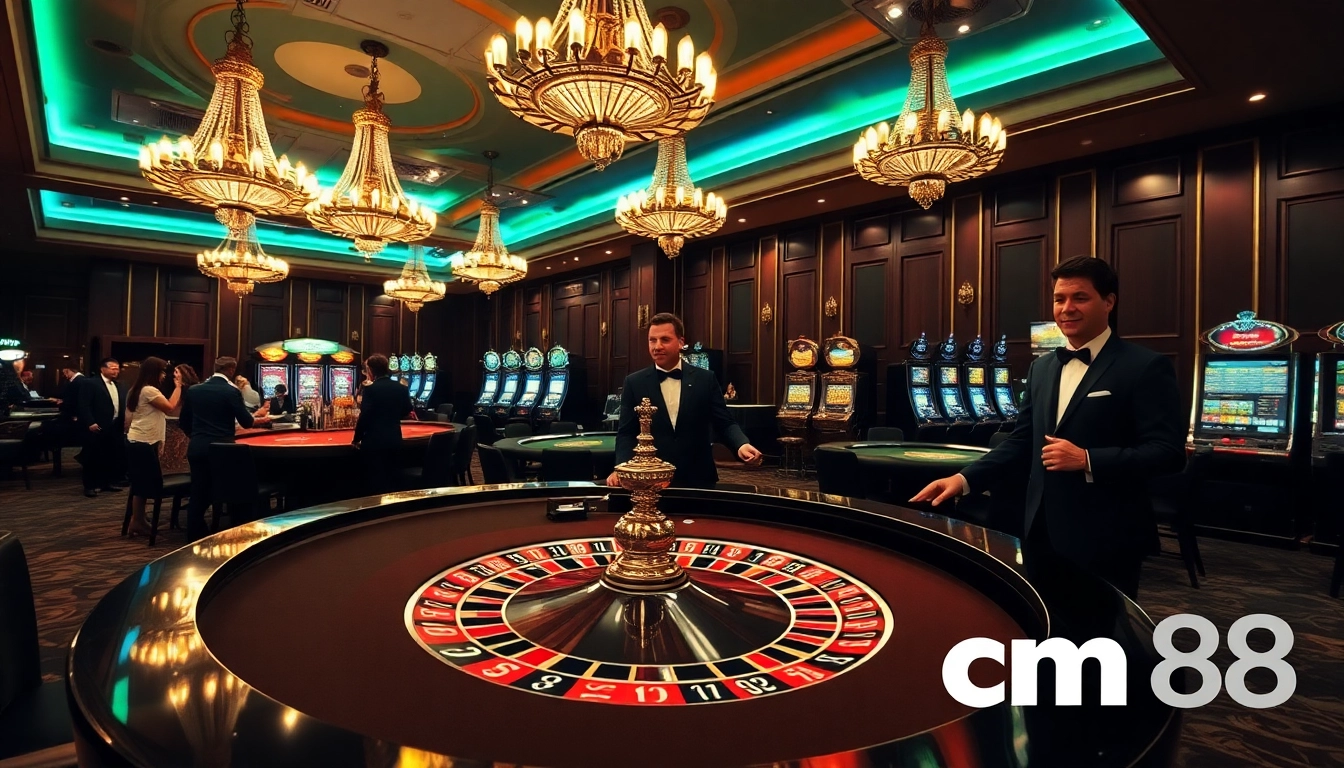Exciting cm88 casino scene with roulette and poker tables, rich luxurious atmosphere.