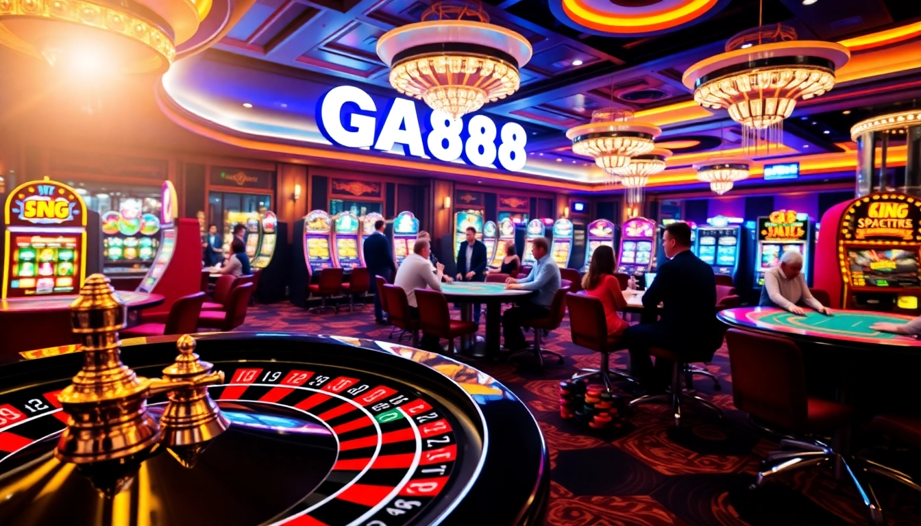 GA888 casino's vibrant gaming floor featuring roulette and poker, creating an exciting atmosphere.