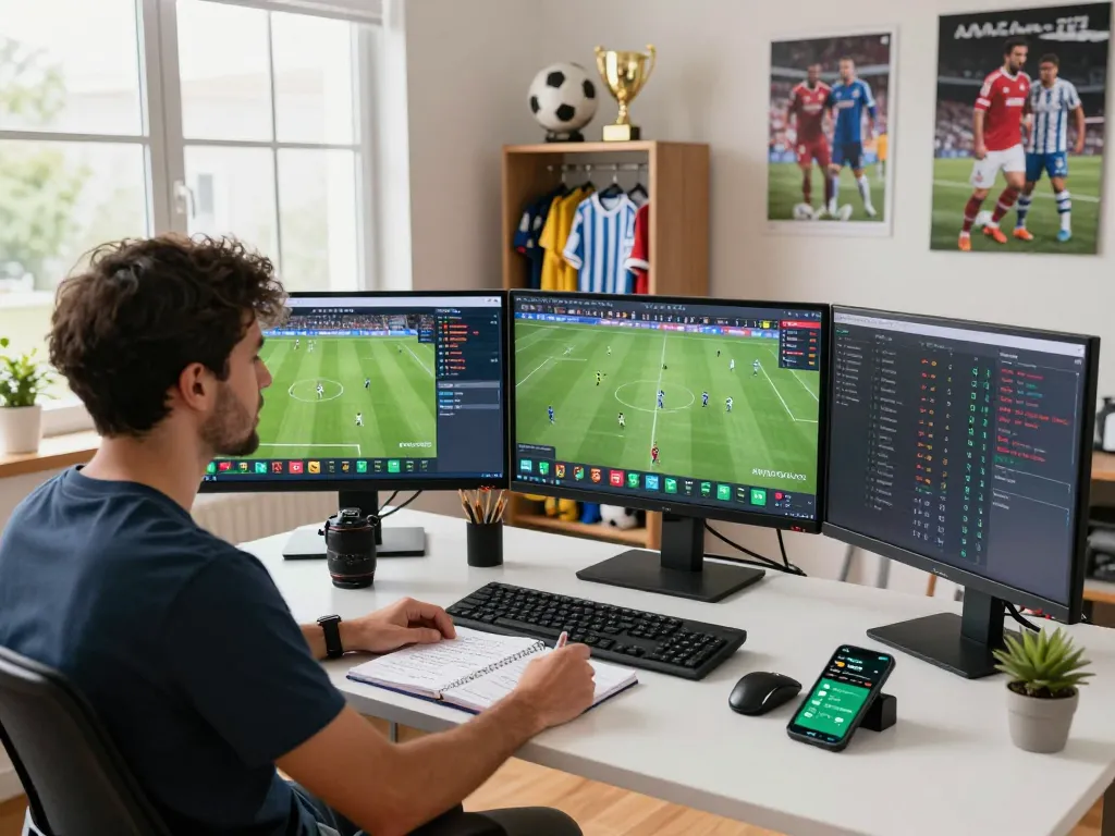 Football analyst using NOWGOAL in a bright home office with multiple screens showing live scores and betting odds.