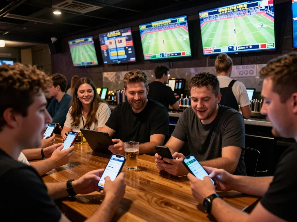 Engaging sports fans placing bets on SHBET app in a lively bar atmosphere