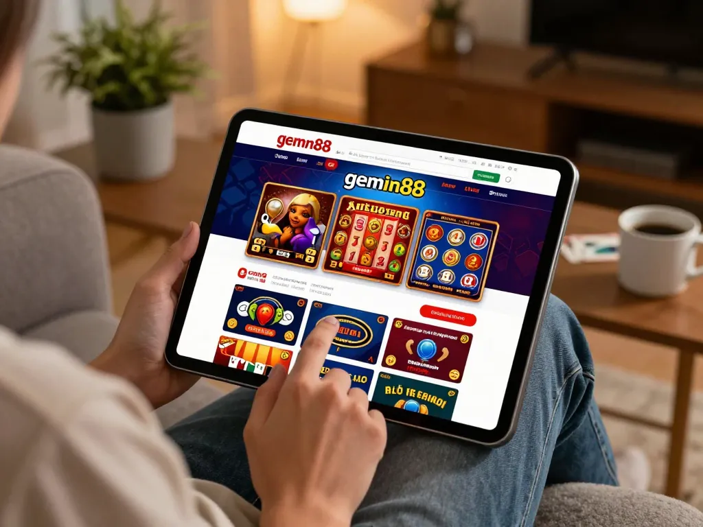 Engaging with gem88 online casino app on tablet while enjoying cozy home setting