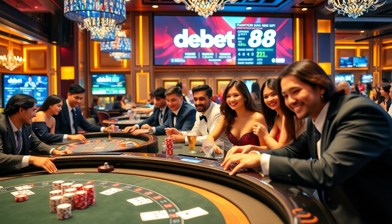 Gamblers enjoying a thrilling game at the luxurious Debet88 casino tables.