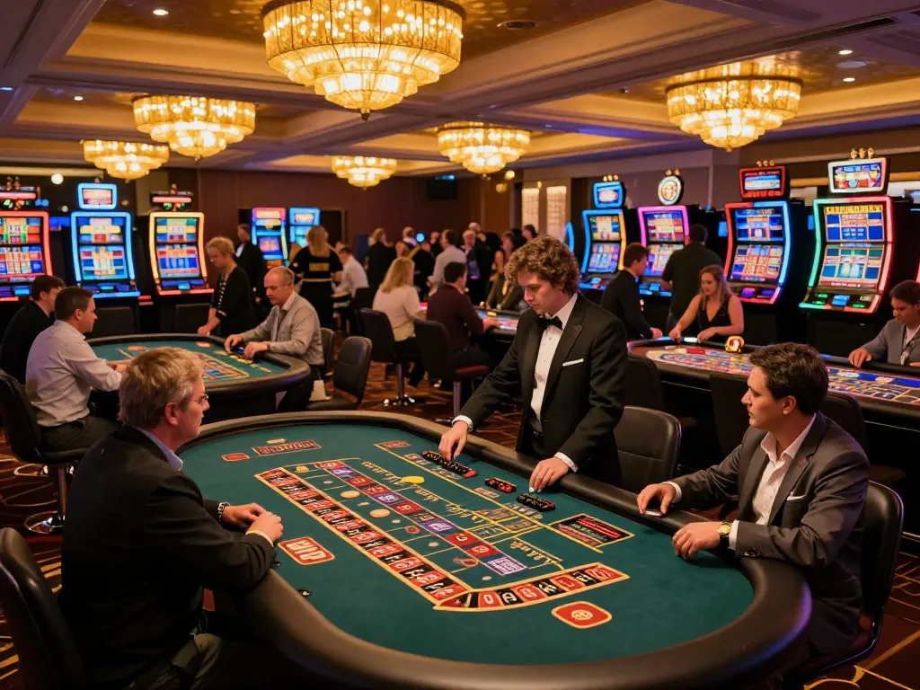 Players enjoying the excitement of Win88 casino games at a bustling venue with vibrant atmosphere