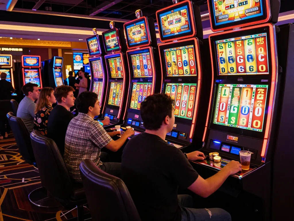 Players enjoying slot machines in a lively casino, vibrant atmosphere with colorful lights