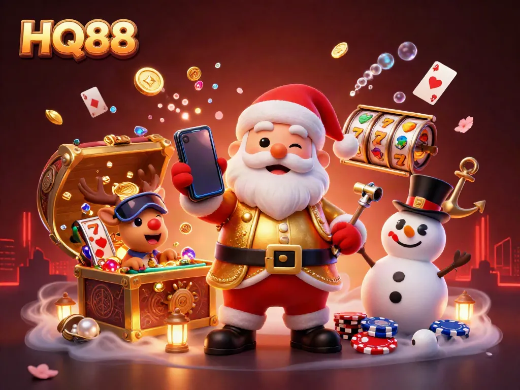 Experience the excitement of HQ88 with a festive casino scene showcasing jackpot slots and playful characters.