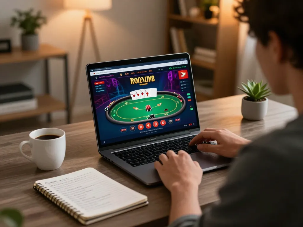 Engaging in an online poker game at home with VSBET on a laptop, showcasing responsible gaming practices.