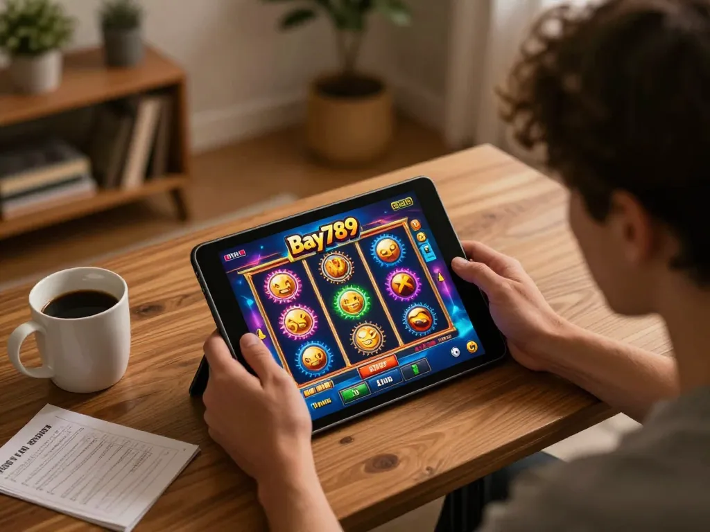 Player enjoying Bay789 slot game on tablet during a cozy home gaming session