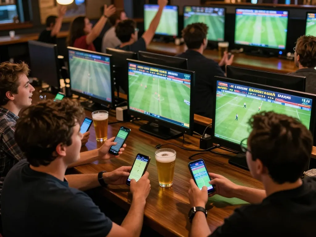 Tỷ Lệ Bóng Đá betting scene with enthusiasts placing wagers while watching matches in a vibrant bar environment.