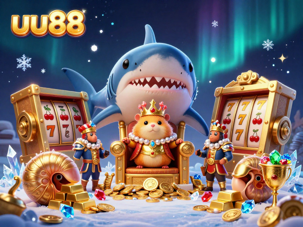 Spin to win at uu88 with a fierce hamster king amid treasures and casino symbols in a stunning illustration.