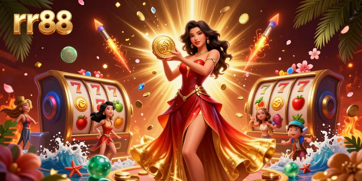 Experience the excitement of rr88 casino with a stunning Asian woman celebrating a jackpot victory amidst vibrant game elements.