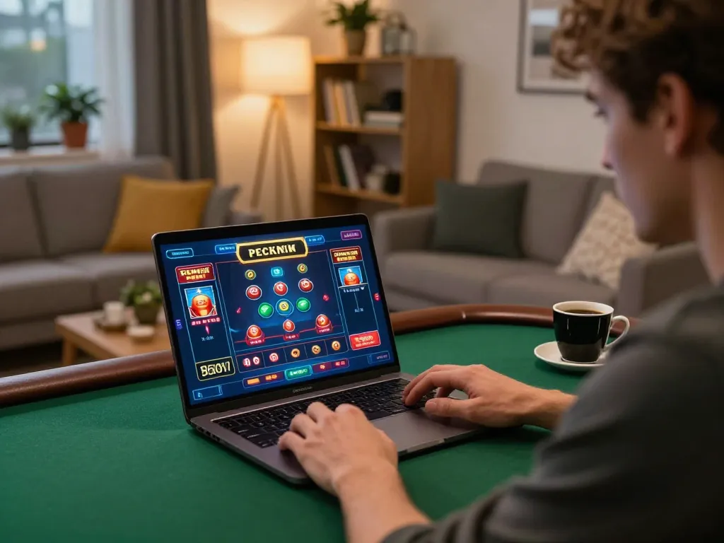 Engaging in online casino gaming with Link Vào Jun88 displayed on the laptop screen in a cozy home environment.