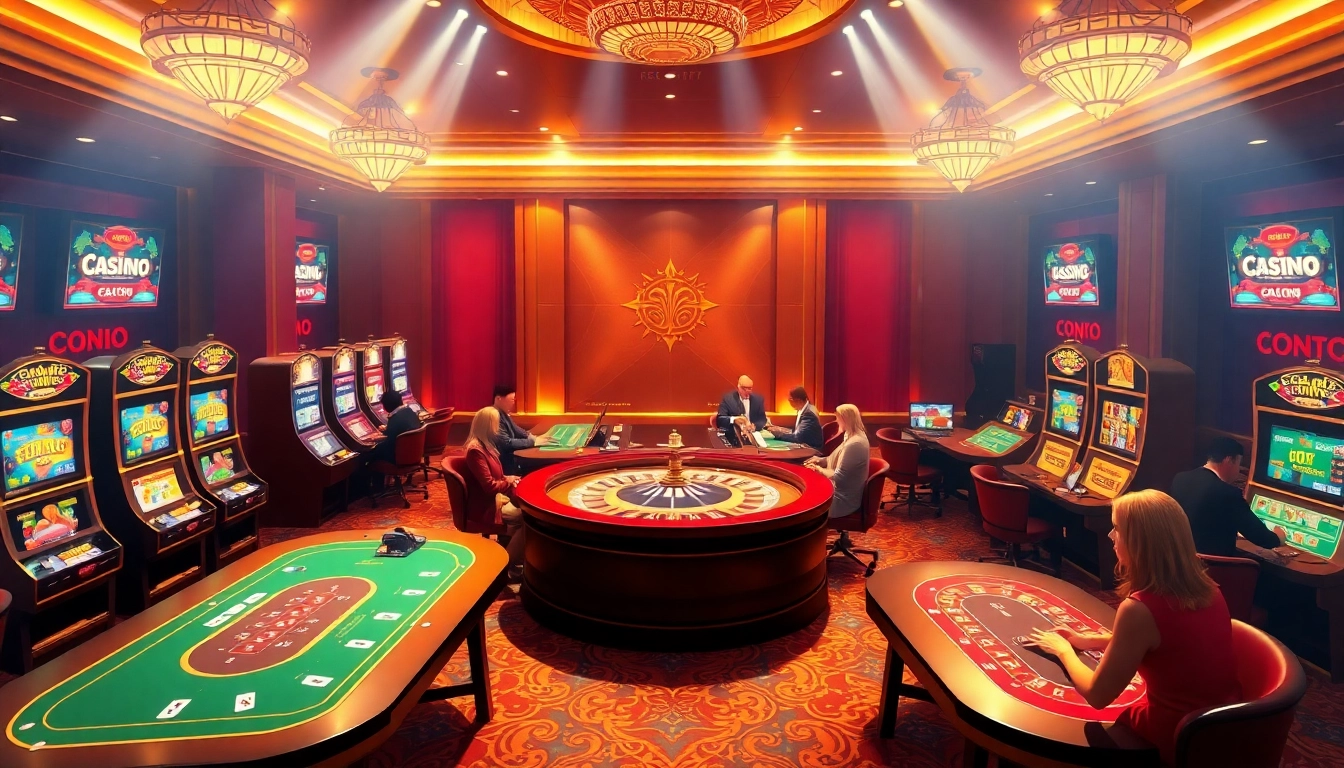 A captivating casino scene at https://hitclub4.app/, featuring poker tables, vibrant slot machines, and an energetic roulette wheel.