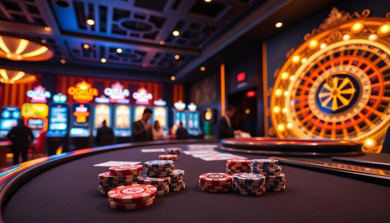 Experience the thrill of QQALFA at a high-stakes poker table with vibrant casino elements.