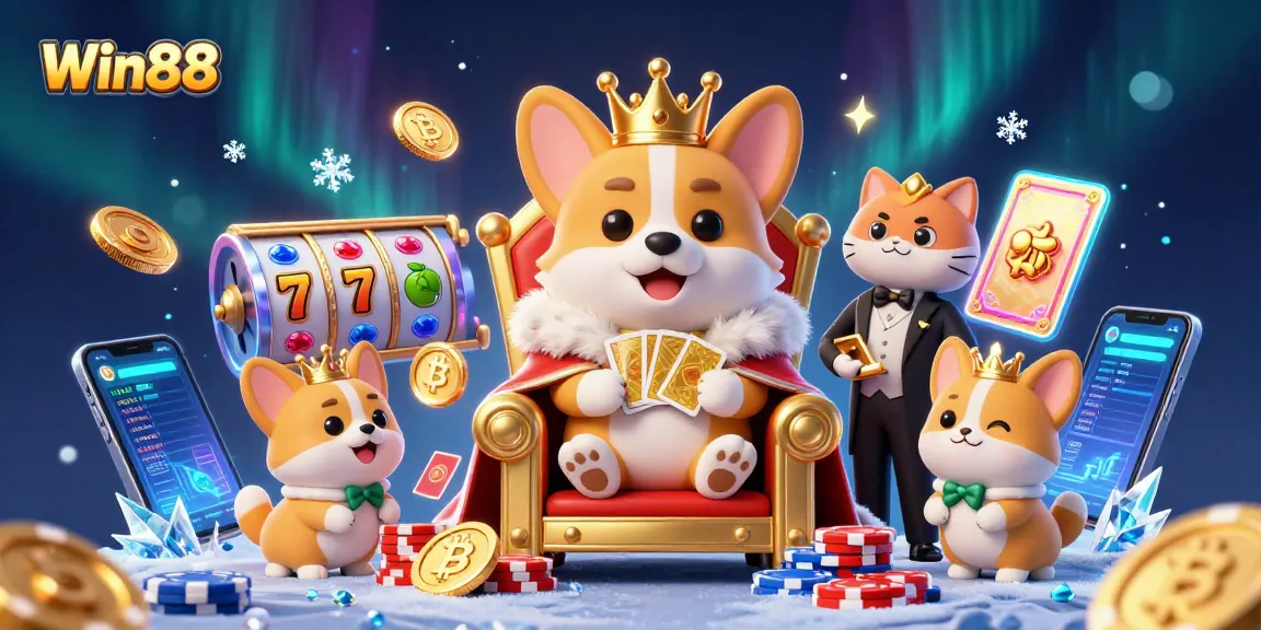Experience exciting wins with Win88's vibrant 3D representation of a royal corgi casino scene.
