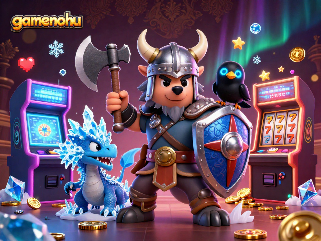 Experience the thrilling world of gamenohu with a Viking wolf warrior and a fierce dragon surrounded by vibrant slot machines.