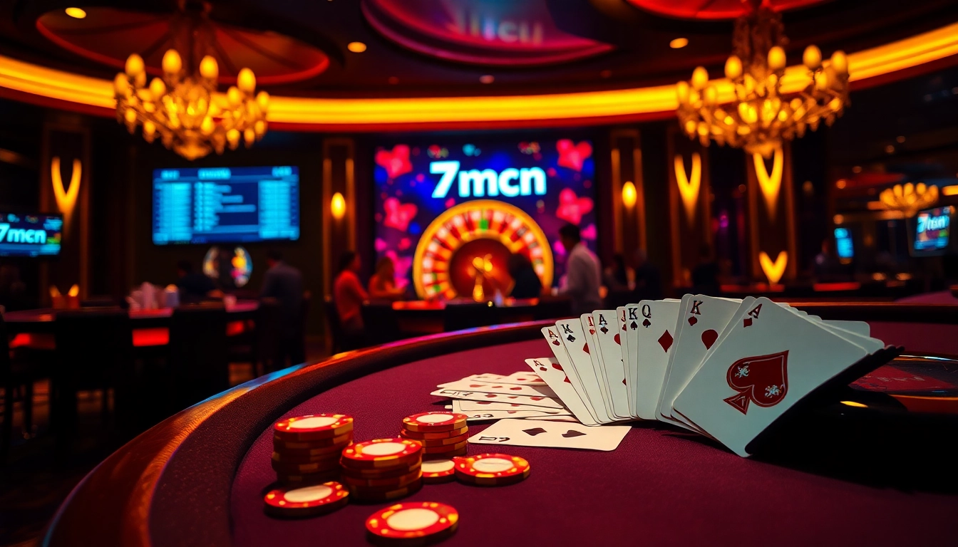 Experience excitement at the 7mcn casino with poker chips, cards, and a roulette wheel.