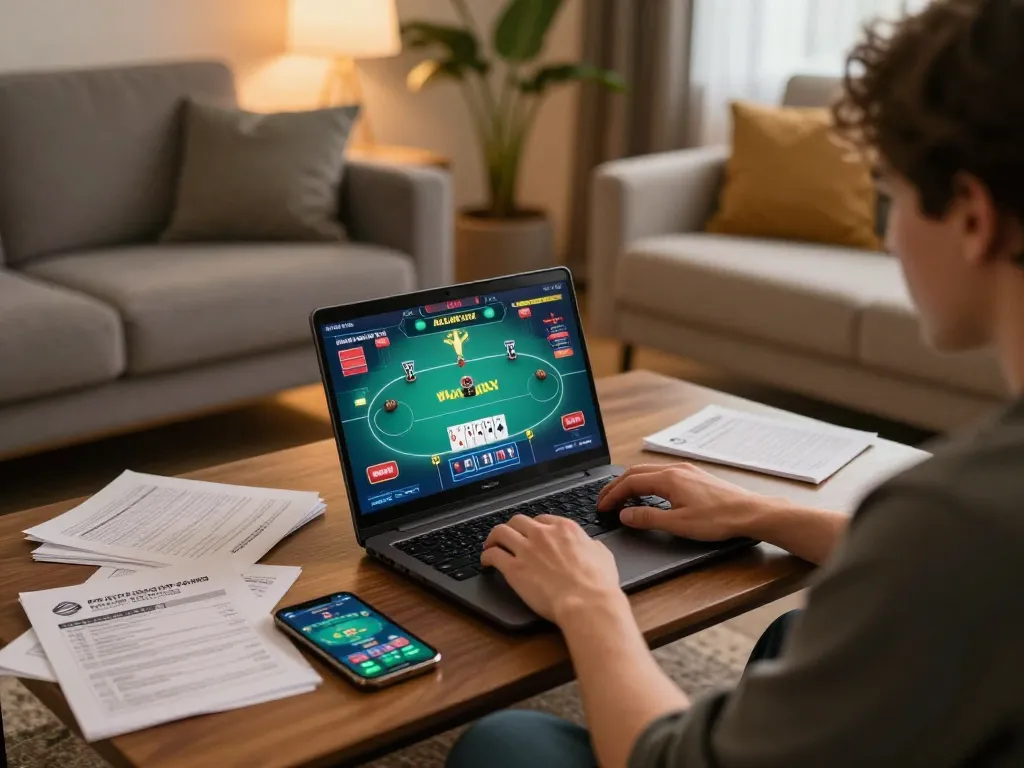 lu88 player engaging in an online poker game at home with strategy notes and mobile app visible
