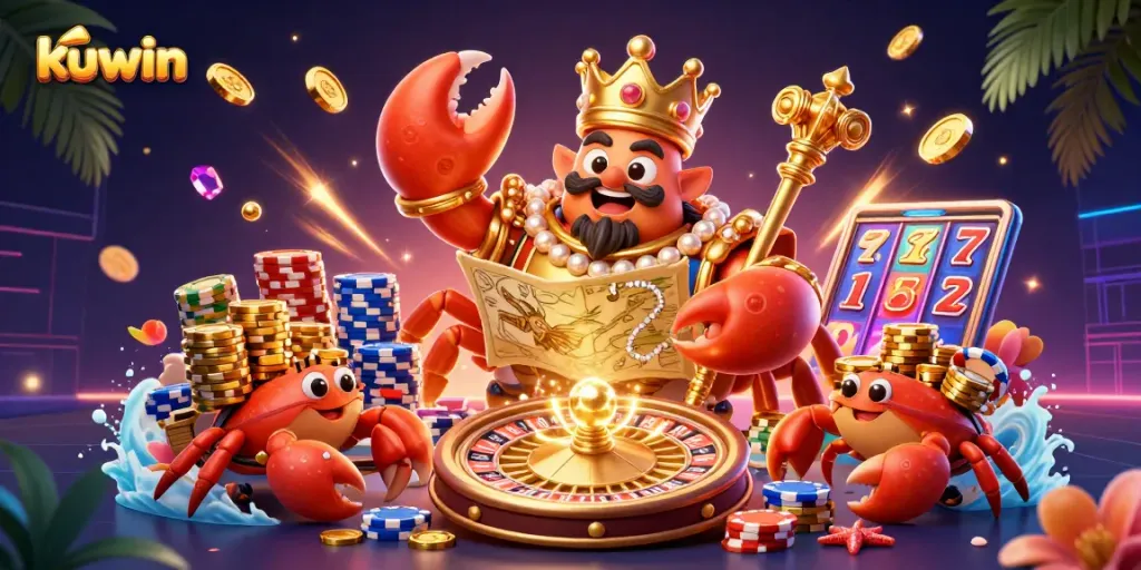 Kuwin's 3D cartoon golden crab emperor throws golden coins and chips in a vibrant casino scene.